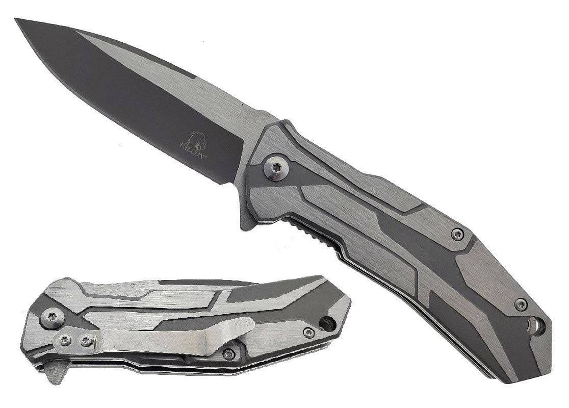 Gray and silver Rex Distributor rocket metal handle spring assisted tactical pocket knife with open assist feature.
