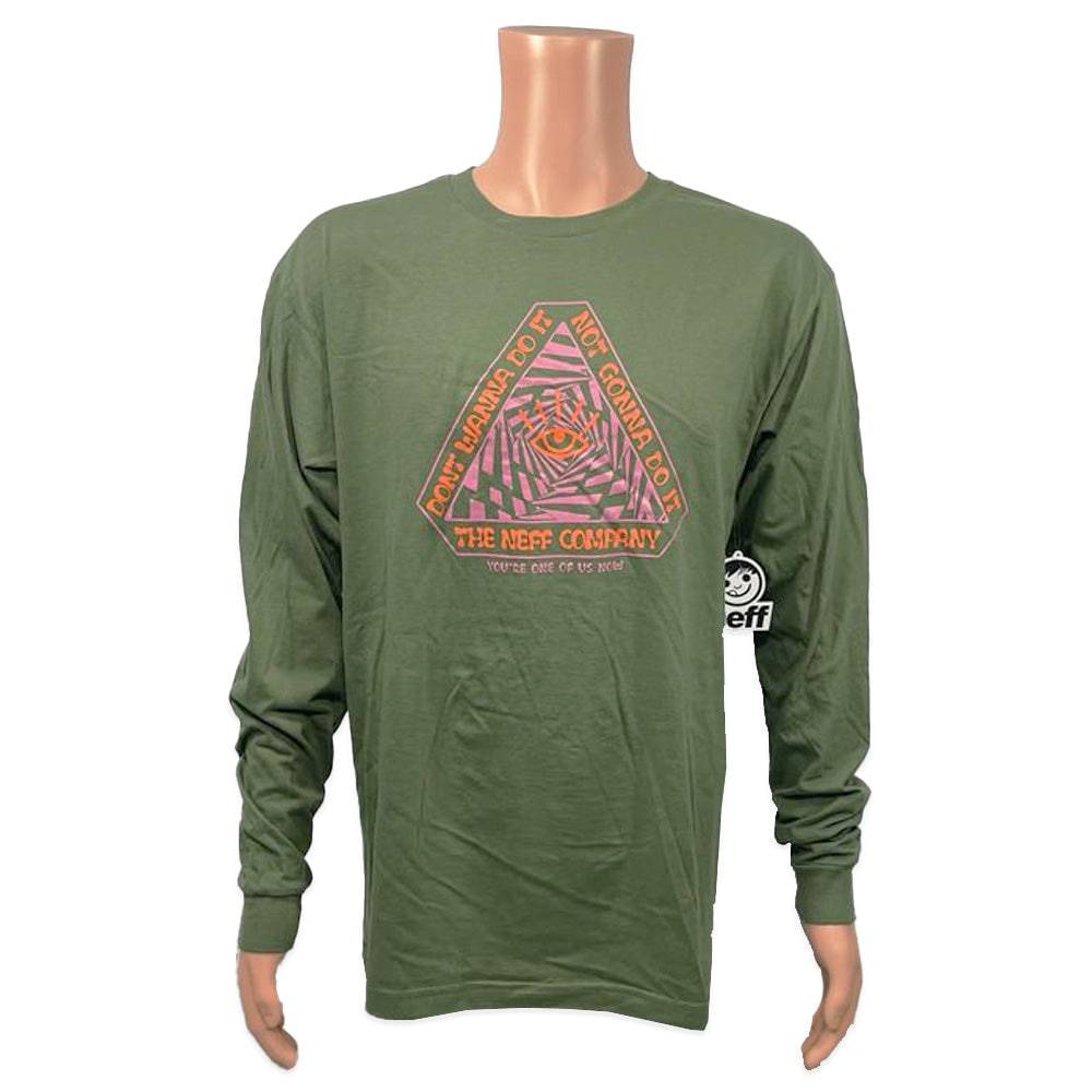Men's green Neff long sleeve T-shirt with "One Of Us" graphic design, featuring casual, comfortable fit and stylish streetwear style.