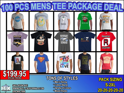 Men's 100-piece graphic tees package deal featuring mixed styles from Rex Distributor, Inc., displayed in a variety of designs.