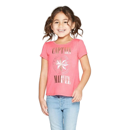 Pink toddler girls' Captain Marvel short sleeve T-shirt by Rex Distributor, Inc. featuring a colorful Marvel graphic design.