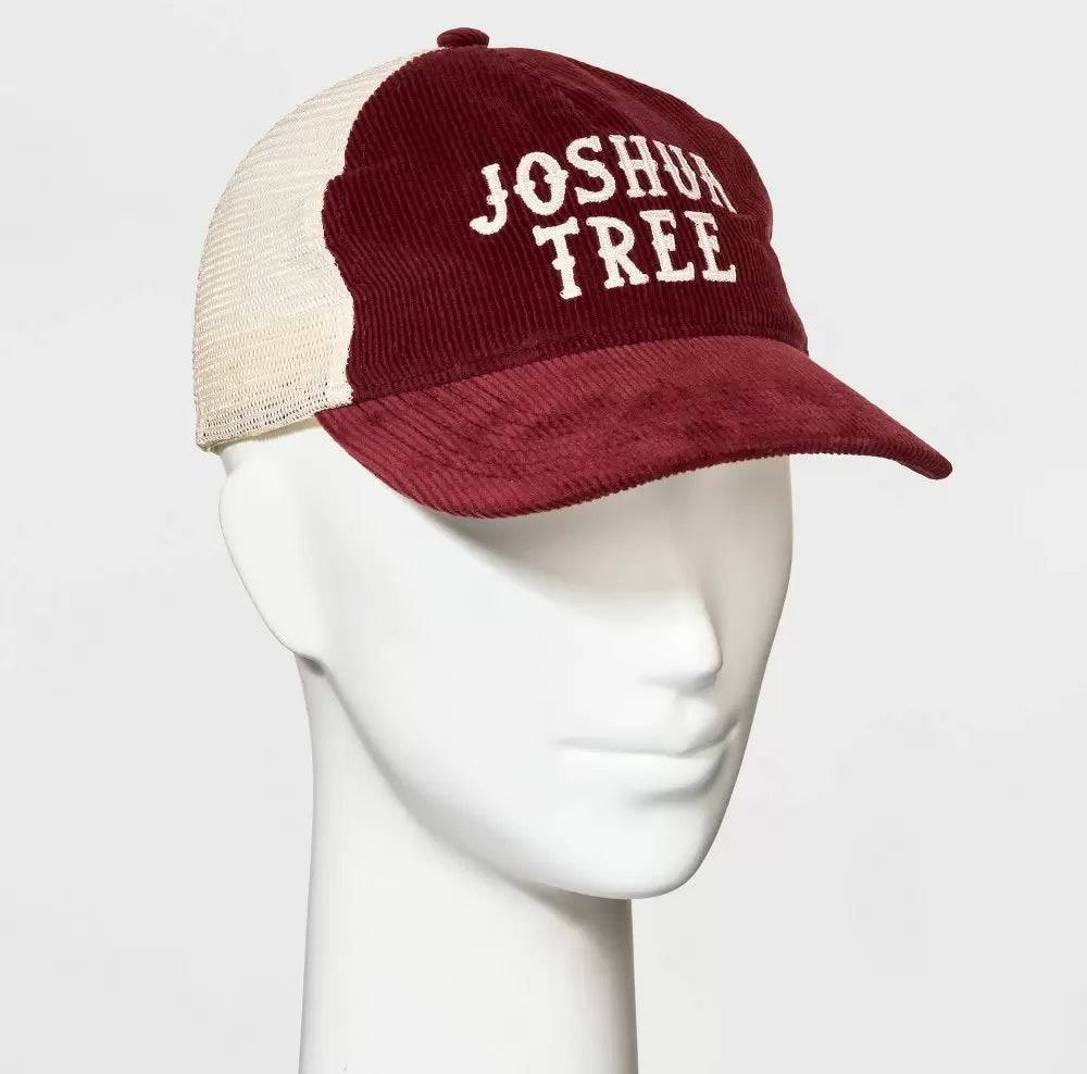 Maroon red Joshua Tree Corduroy Trucker Hat by Rex Distributor, Inc. featuring a classic trucker style with mesh back and curved brim.