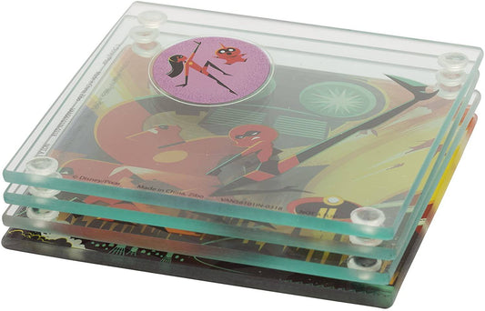 Vandor The Incredibles 2 4-Piece Stacking Glass Coaster Set, 4 x 4 x .25 Inches
