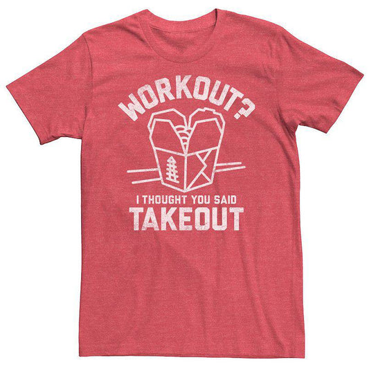 Men's red Rex Distributor Inc. workout T-shirt with humorous "I Thought You Said Takeout" slogan, casual fit, and comfortable fabric.