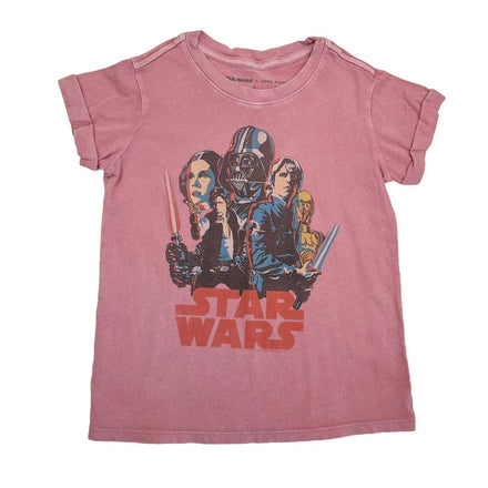 Girl's pink faded Star Wars graphic tee with rolled sleeves, casual retro shirt from Rex Distributor Inc.