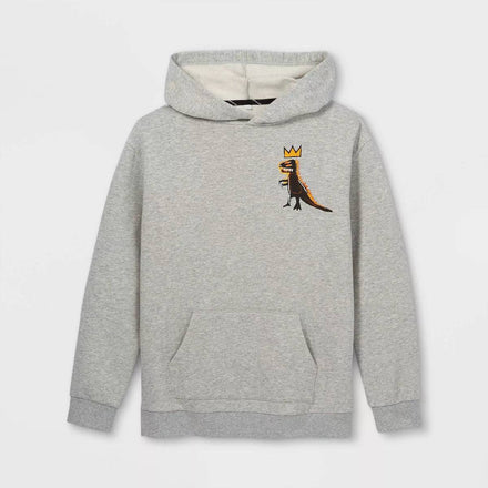 Gray boys' Jean-Michel Basquiat dino graphic sweatshirt with pullover hoodie, featuring colorful dinosaur artwork and casual fit.