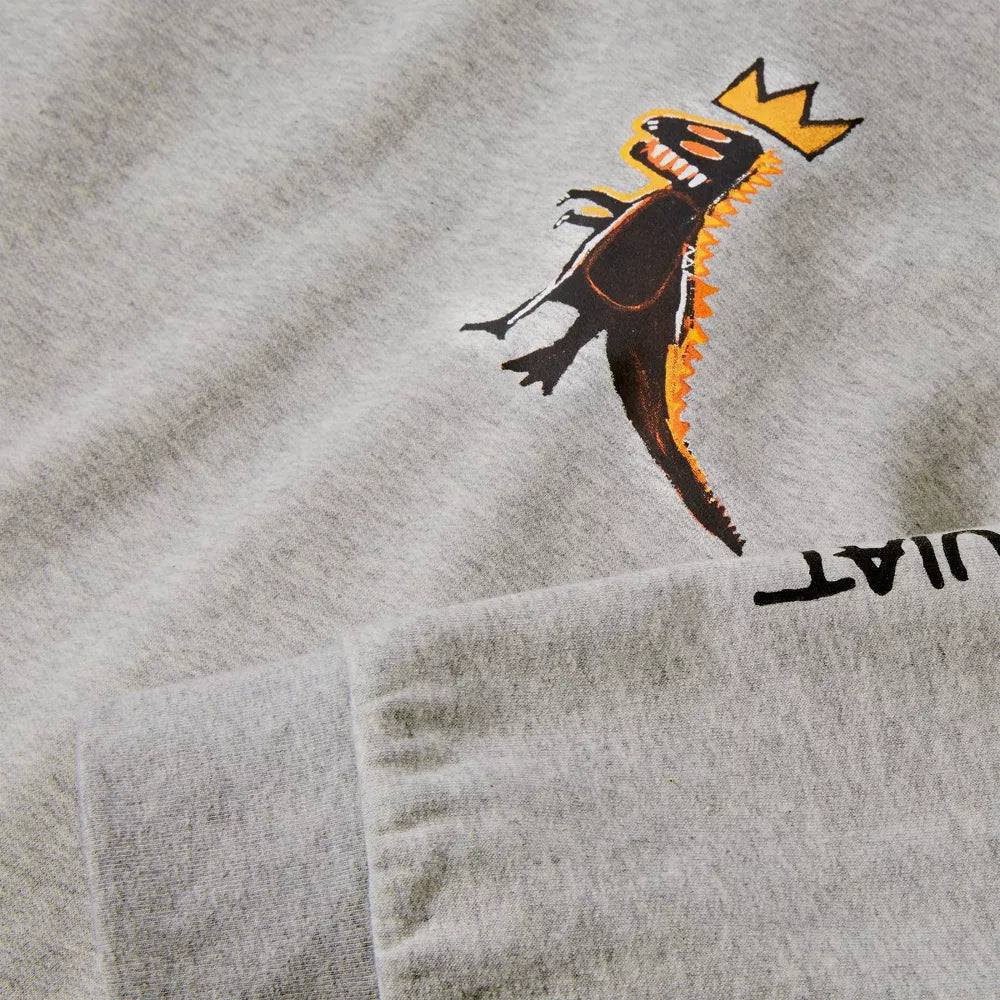 Boys' gray Jean-Michel Basquiat Dino graphic sweatshirt hoodie by Rex Distributor, Inc., featuring a colorful dinosaur print on the front.
