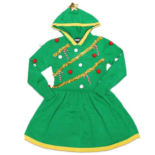 Girls Christmas Tree Fuzzy Ornament Pullover Dress with Hood, made by Rex Distributor Inc., featuring festive green design and cozy fabric.