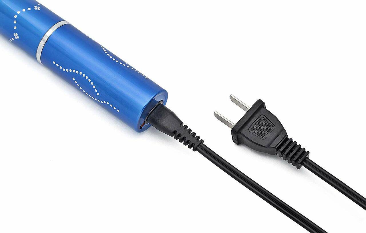Blue lipstick stun gun with flashlight, 5-inch self-defense device from Rex Distributor, Inc., designed to look like a stylish lipstick.
