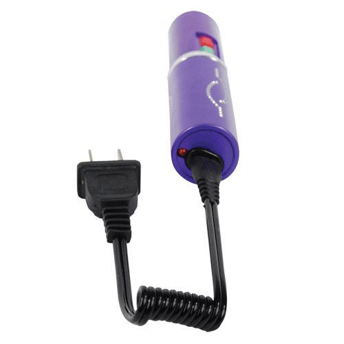 Purple lipstick-shaped stun gun with built-in flashlight, designed for self-defense, by Rex Distributor Inc.