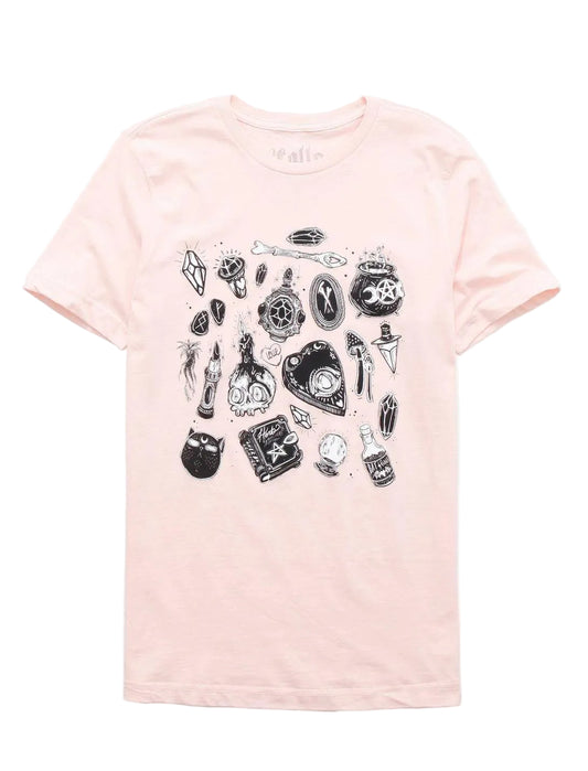 Women's pink Witch boyfriend fit graphic T-shirt by Lolle featuring witch design, casual style, from Rex Distributor, Inc.