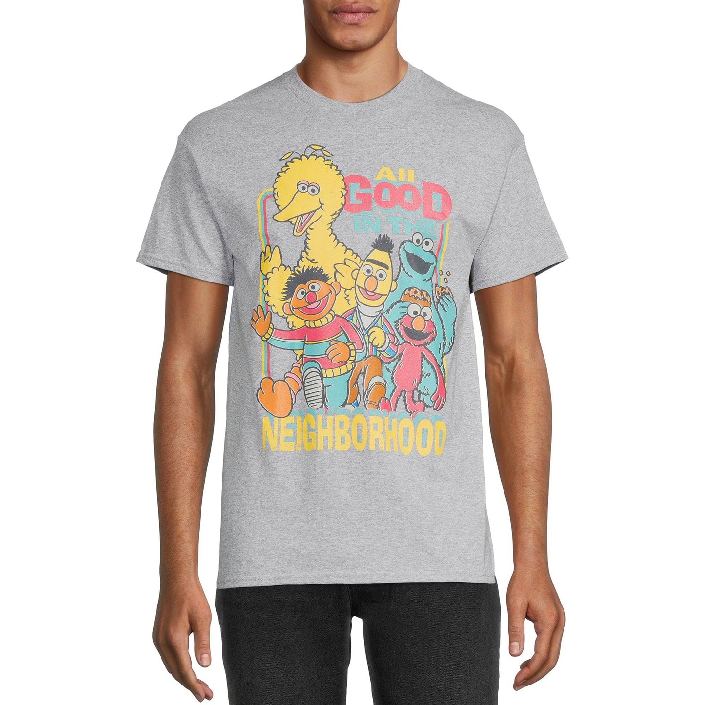 Men's grey heather Sesame Street All Good graphic T-shirt by Mad Engine, featuring colorful Sesame Street character print.