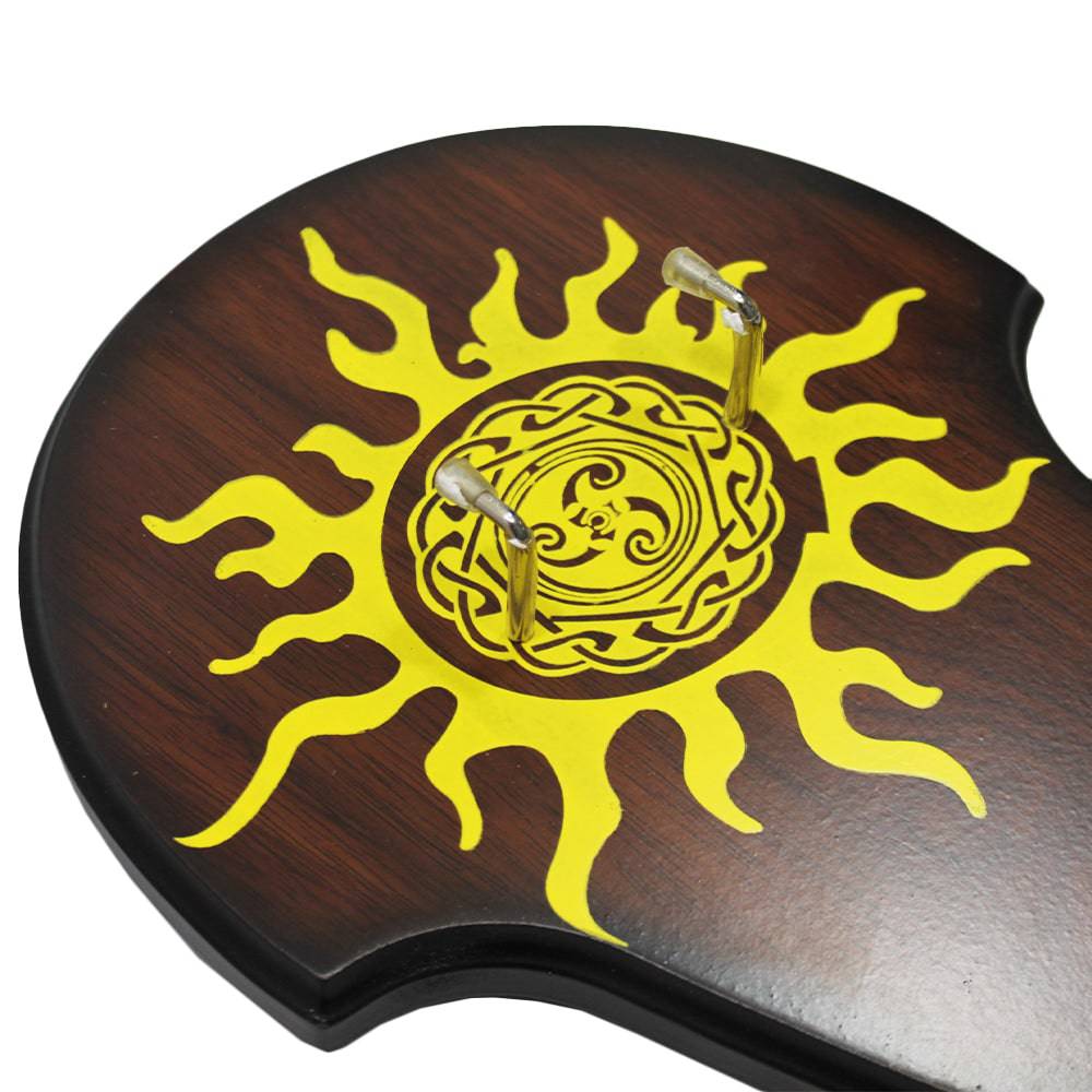 14 x 9-inch wood medieval sword wall display with carved details, suitable for showcasing decorative swords or collectibles.