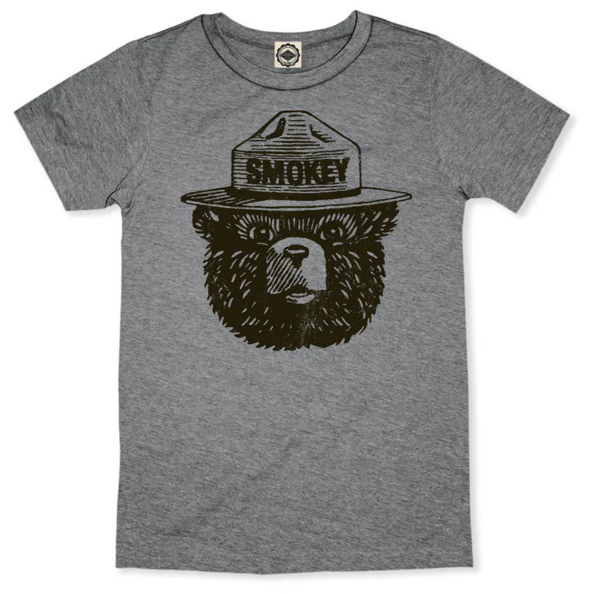 Men's Smokey The Bear graphic T-shirt in heather grey by Rex Distributor, Inc., featuring a Smokey The Bear design on the front.