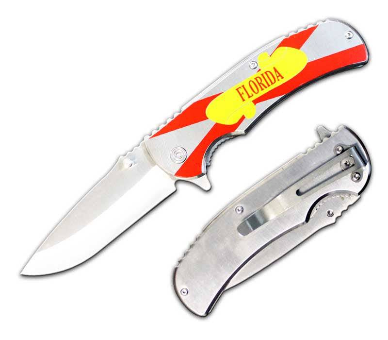 Rex Distributor PK 1536-FL 4.5-inch tactical folding knife with metal handle and Florida flag design, spring-assisted opening.