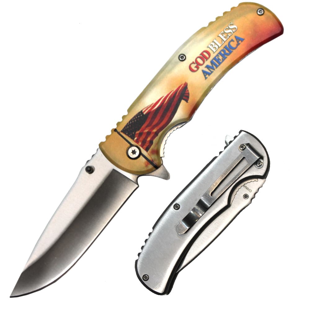 Rex Distributor 4.5-inch metal handle God Bless America USA flag spring assisted tactical folding knife displayed open.