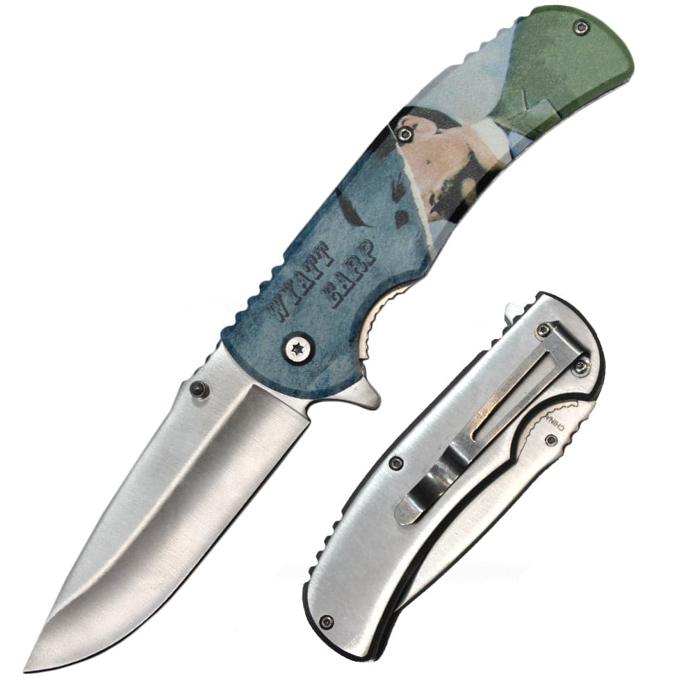 Spring assisted tactical knife with 4.5-inch metal handle and shield design, Wyatt Earp assist-open folding knife by Rex Distributor.