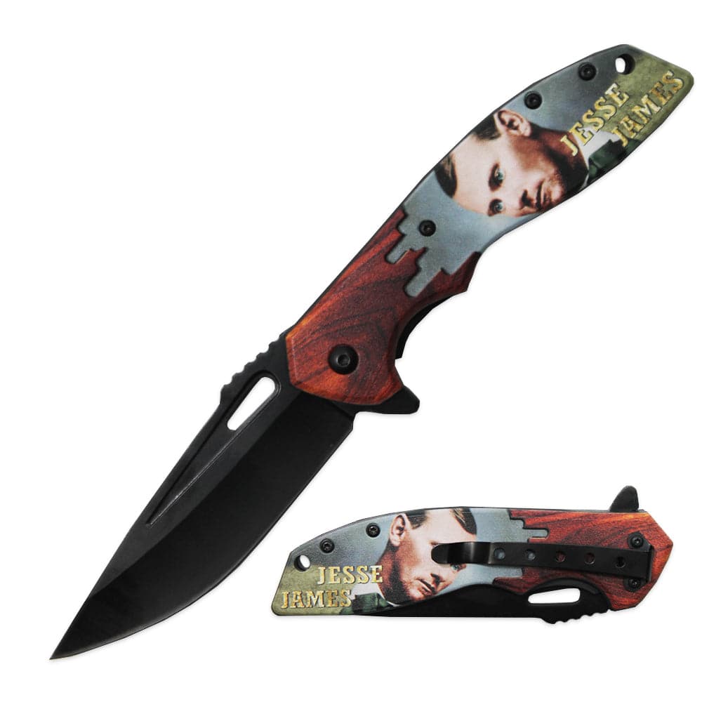 Rex Distributor PK 3106-JJ Jesse James 4.75-inch spring-assisted folding tactical knife with belt clip and assist-open mechanism.