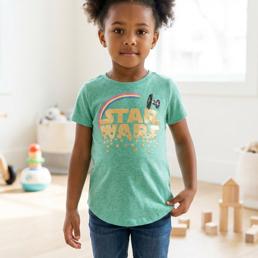 Girls' Heather Green Star Wars Lucky Clover T-Shirt by Mad Engine, featuring a graphic design with Star Wars and lucky clover motifs.