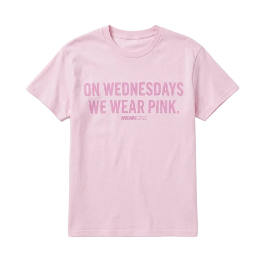 Women's pink graphic T-shirt from Mad Engine featuring "On Wednesdays We Wear Pink" slogan, short sleeve design, casual style.