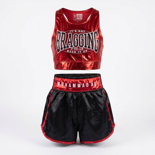 Women junior's Muhammad Ali boxing costume with red tank top and shorts by Rex Distributor, Inc., shown in a photoshoot image.