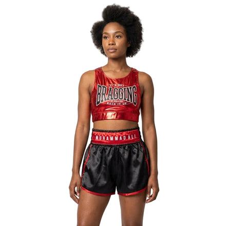Red tank top and shorts set for women junior Muhammad Ali boxing costume by Rex Distributor, Inc., with boxing-themed design.
