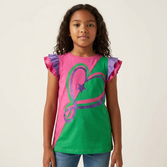 Girls' JoJo Siwa glitter heart print short sleeve graphic T-shirt by Mad Engine, featuring colorful heart design on the front.