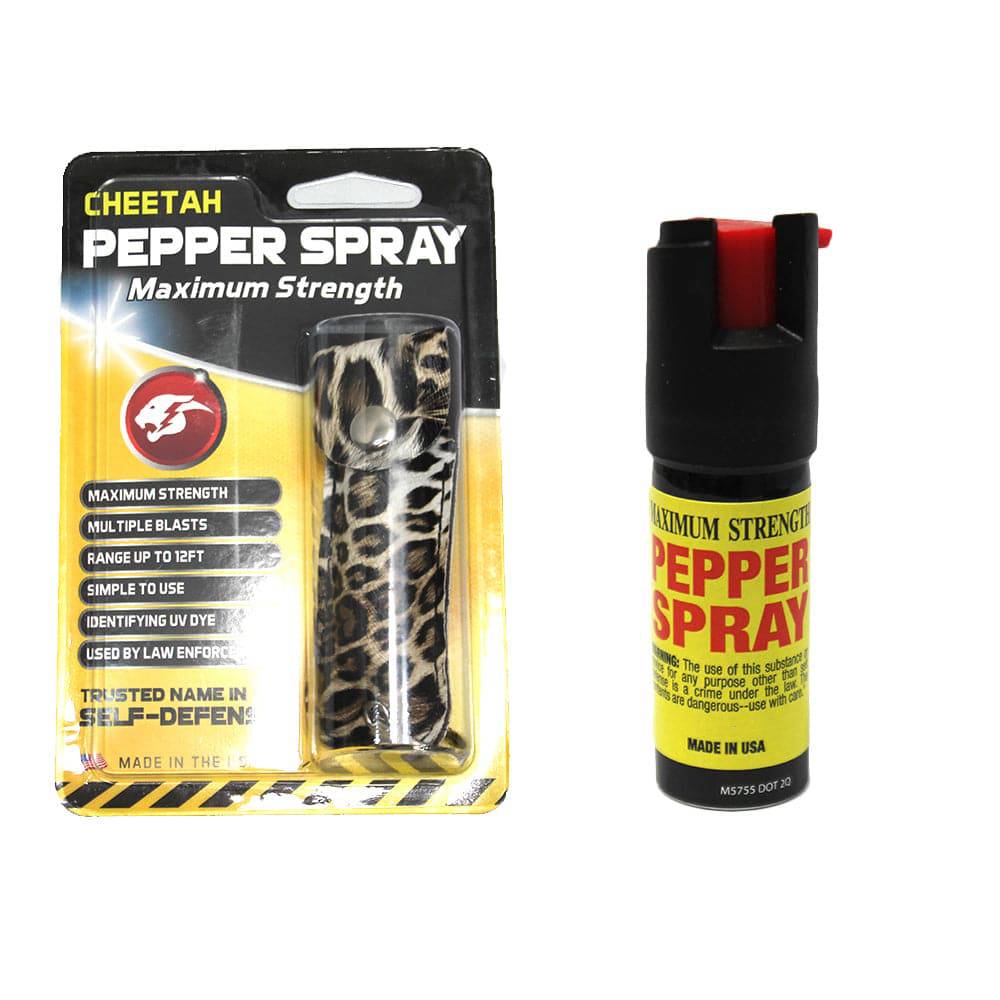 Rex Distributor Inc. PSCH31-CH 0.5 Pepper Spray in a stylish cheetah-pattern case, designed for self-defense.