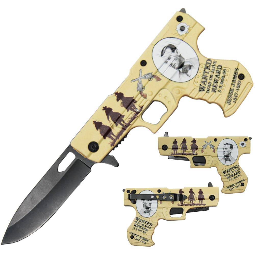 Rex Distributor Jesse James PT 1690-JJ 4.5" spring assisted tactical folding knife with pistol handle and belt clip.