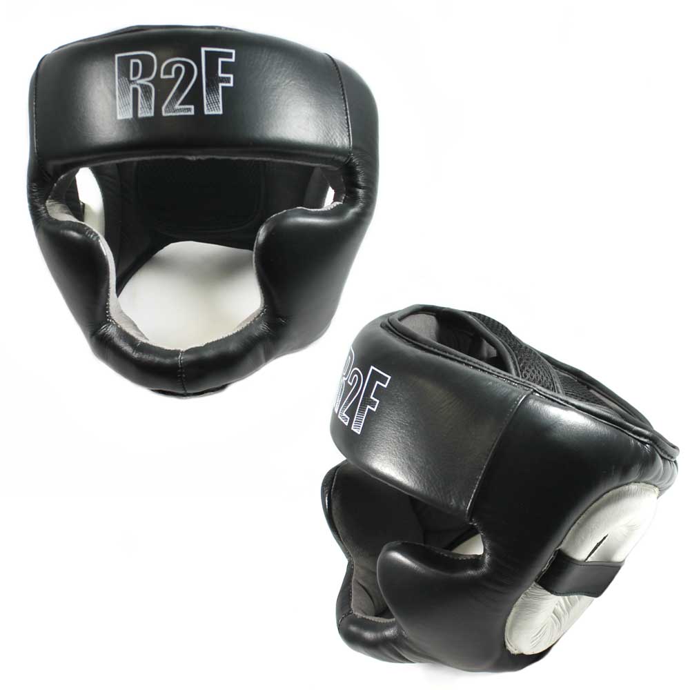 R2F 335-LBK boxing and MMA sparring protective headgear in black, designed for boxing and fitness training.