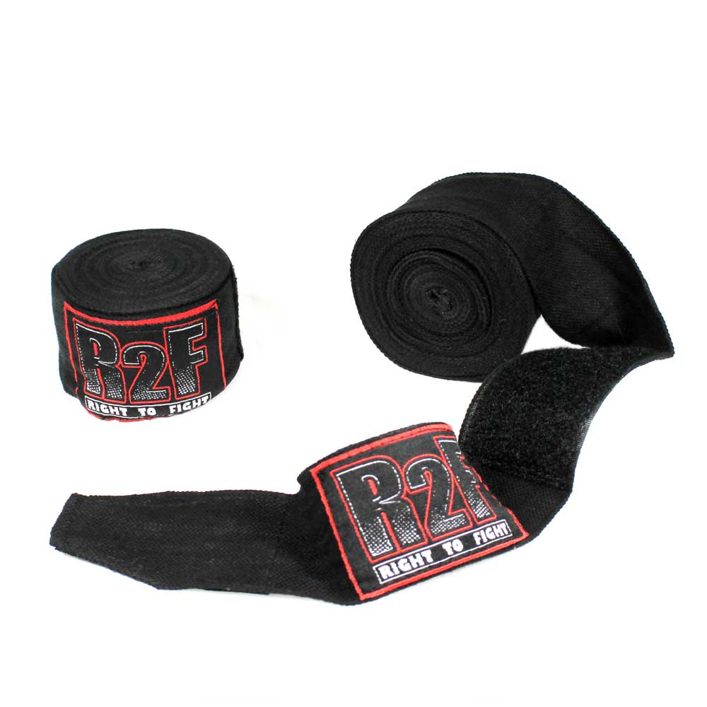 Black Rex Distributor R2F 398-BK boxing/MMA hand wraps, shown folded with branded label, for fitness and combat sports.