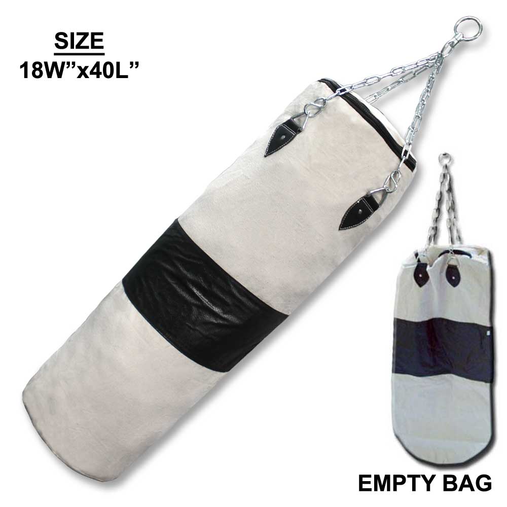 White canvas punching bag by Rex, 18x40 inches, designed for boxing and fitness training.