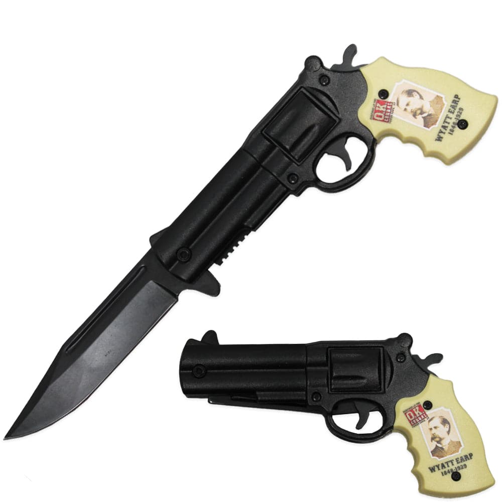 Rex Distributor Wyatt Earp 5-inch revolver assist-open folding tactical knife with belt clip, spring-assisted, durable metal handle.