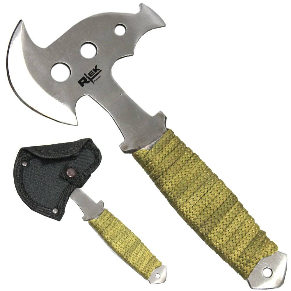 Silver blade Rex Ninja throwing axe with cord wrap and sheath, 8-inch size, designed for sport and self-defense.