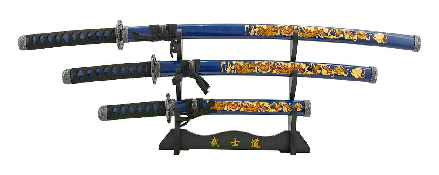 Traditional three-tier Japanese Samurai Katana set by Rex Distributor, Inc., with blue and black blades displayed on a stand.