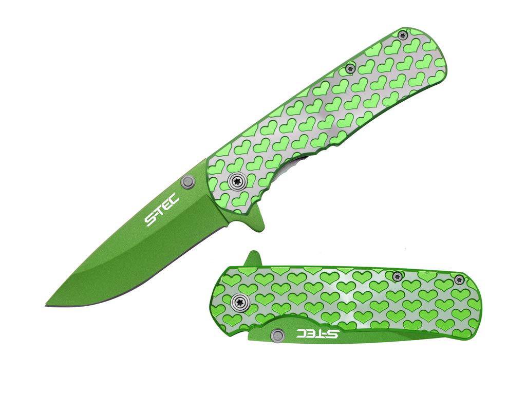 Spring assisted tactical folding knife with green heart design, 4.25-inch blade, by Rex Distributor, Inc.