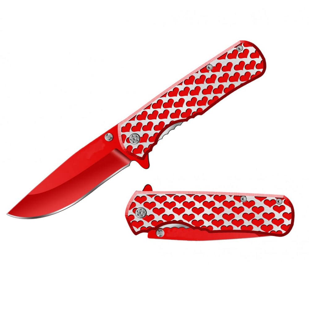 Red Hearts assist-open folding tactical knife with a stainless steel blade and red handle, designed for self-defense and outdoor use.
