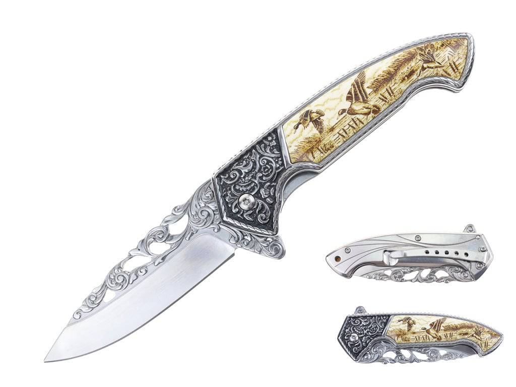 Rex Distributor spring assisted tactical knife with 5-inch etched eagle design, open folding blade, and assist-open mechanism.