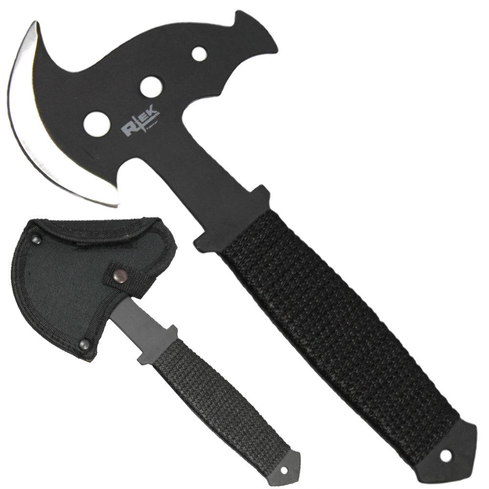 Rex Distributor 10-inch black blade cord-wrapped throwing axe with sheath, showing the axe with handle and protective cover