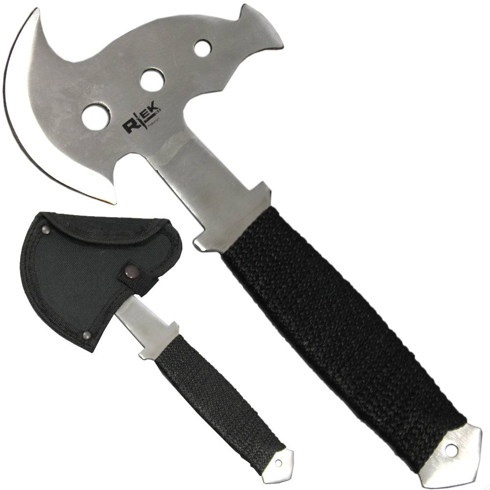10-inch silver blade Rex Distributor cord-wrapped throwing axe with sheath, designed for sport and self-defense.