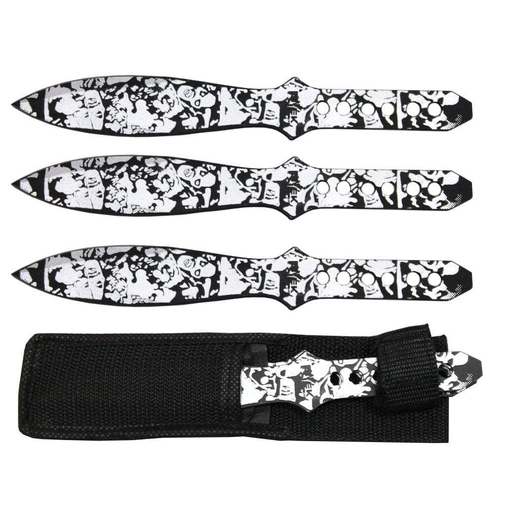 Rex Distributor 8-inch silver zombie skull print throwing knives set with sheaths, featuring detailed zombie-themed knife designs.