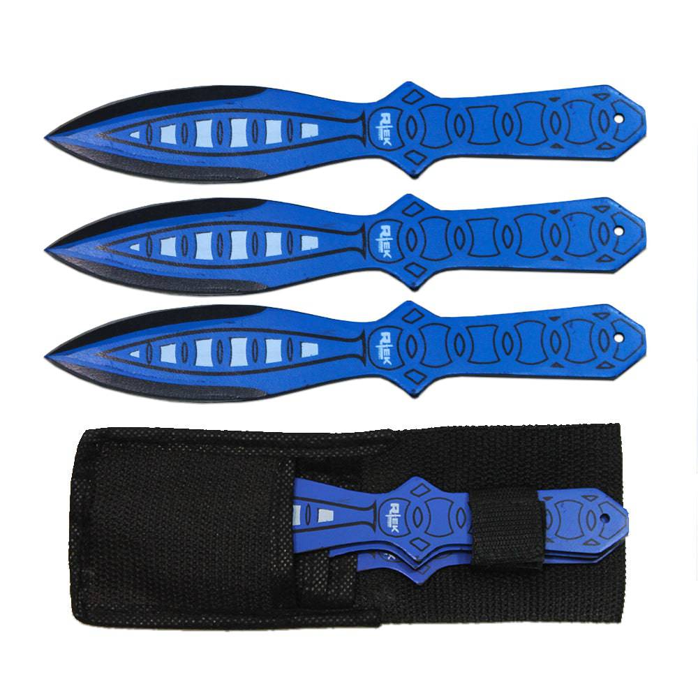Blue Ninja throwing knife from Rex Distributor Inc. with 8-inch blade and nylon sheath, designed for accurate throwing and display.