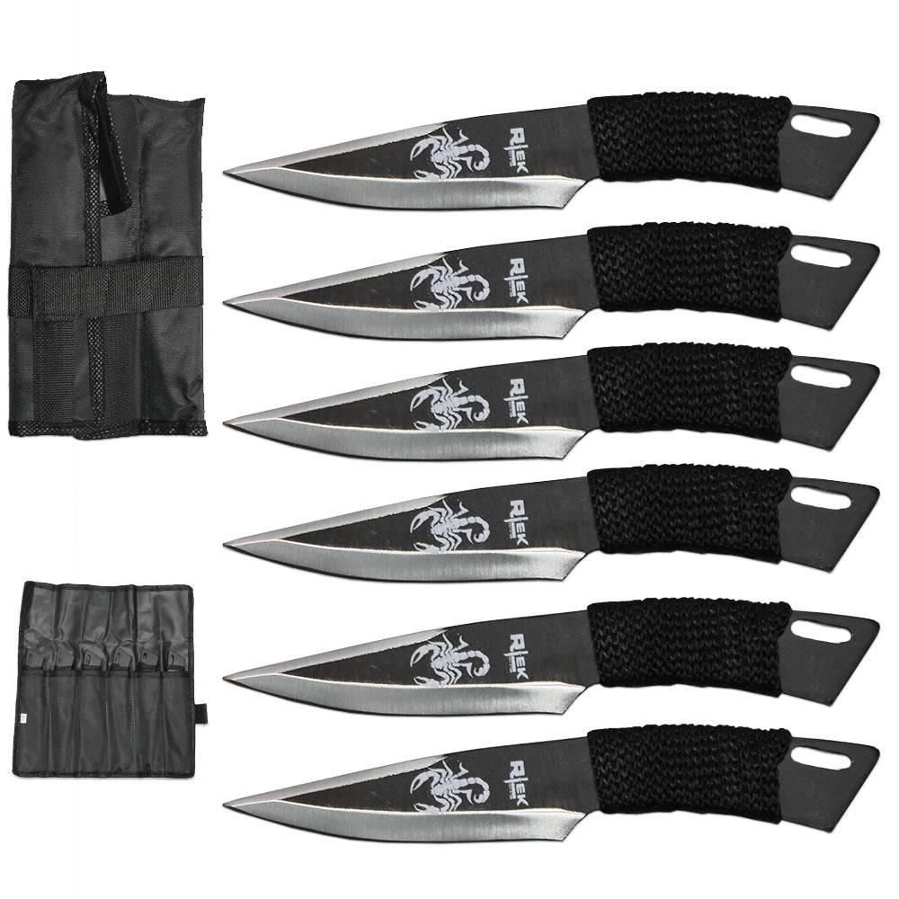 Six black and silver Scorpion Cord Wrapped Throwing Knives set by Rex Distributor in carrying case