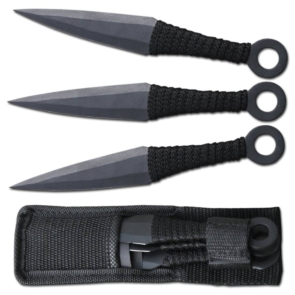 Set of three Rex Distributor 6.5-inch black cord-wrapped kunai throwing knives with nylon sheaths.