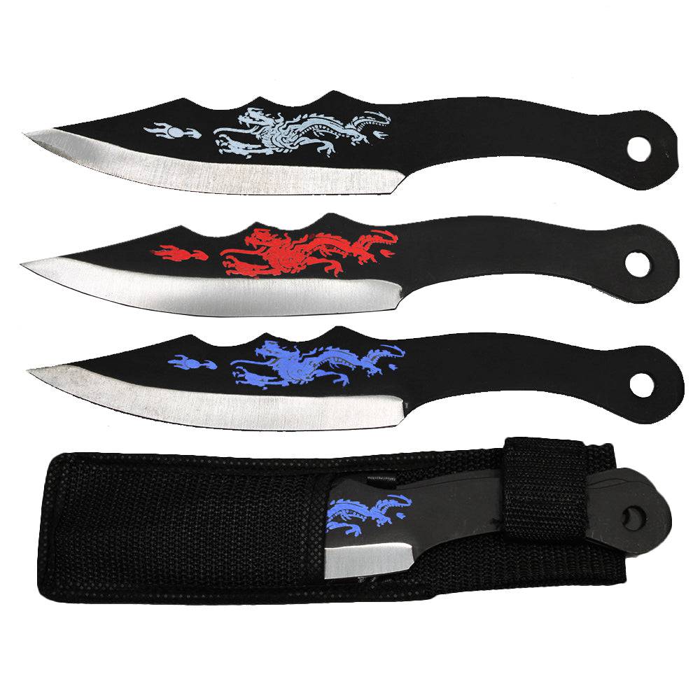 Rex Distributor 8-inch 3-color dragon throwing knives set with sheaths, featuring detailed dragon designs on each knife.