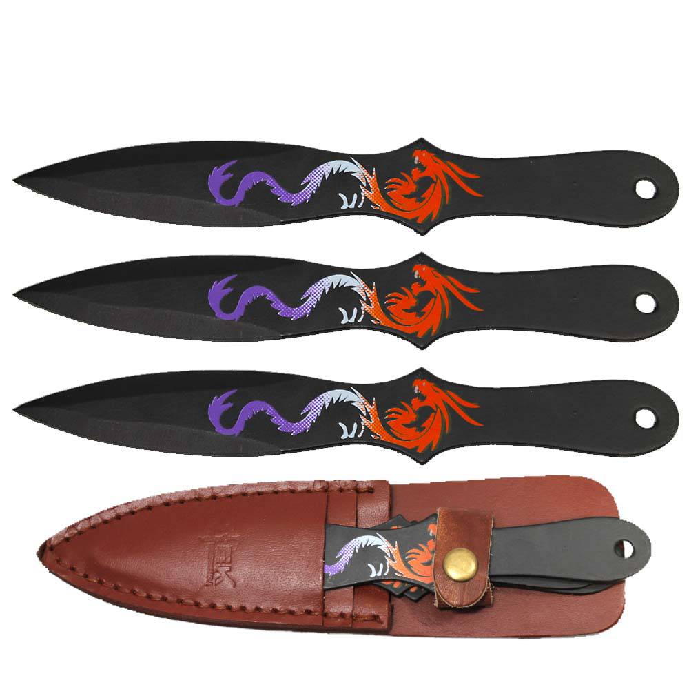 Rex Distributor Inc. 8-inch black and multi-color dragon printed throwing knives set with leather sheath displayed on a white background.