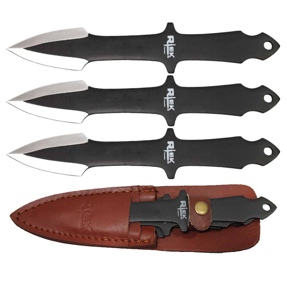 Rex Distributor 8-inch Arrow Head Throwing Knife Set with leather sheath, featuring sharp blades and durable handles.
