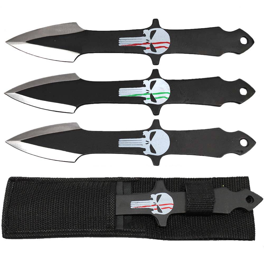 Rex Distributor Inc. TK 804-310SK 10-inch skull multicolor print arrow head throwing knife with sheath displayed.