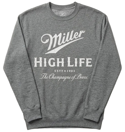 A heather gray crewneck sweatshirt featuring a white printed graphic of the Miller High Life logo on the front, laid flat against a light off-white background.
