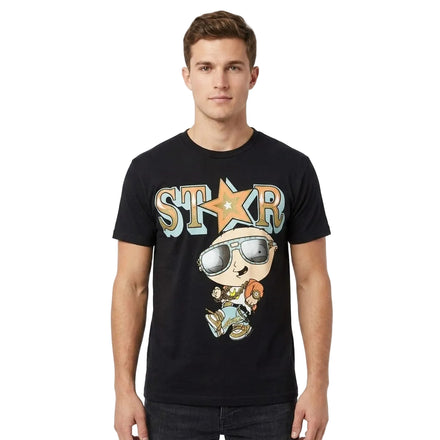 A man wearing a black graphic t-shirt with a cartoon character and the word 'STAR' printed on the front, set against a plain white background.