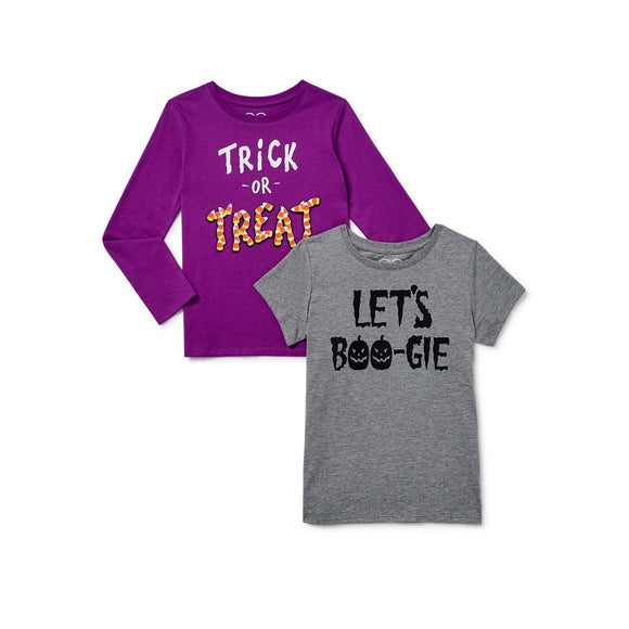 Girls' Halloween Long and Short Sleeve Graphic T-Shirts, 2-Pack